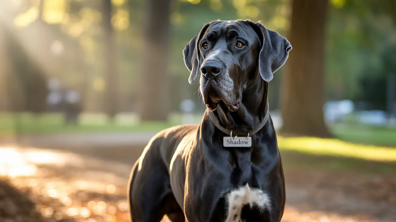 Majestic black Great Dane standing attentively in a sunlit forest wearing a 'Shadow' name tag