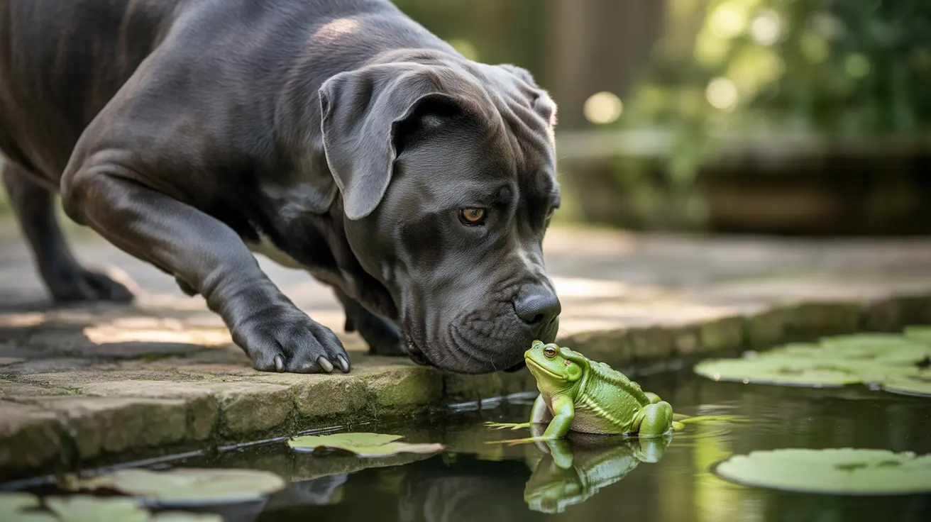A black Labrador Retriever observing a bright green frog on a stone near lily pads