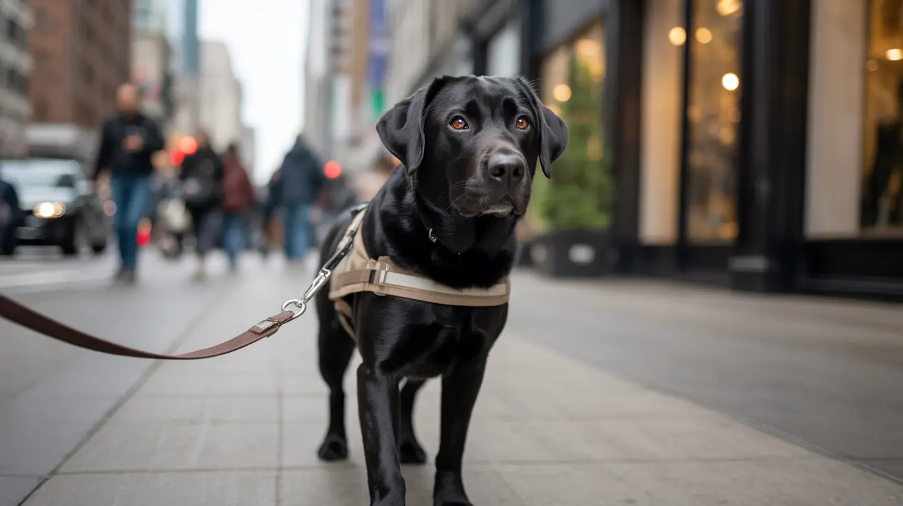 Black Labrador Retriever wearing a tan harness standing attentively on a city sidewalk