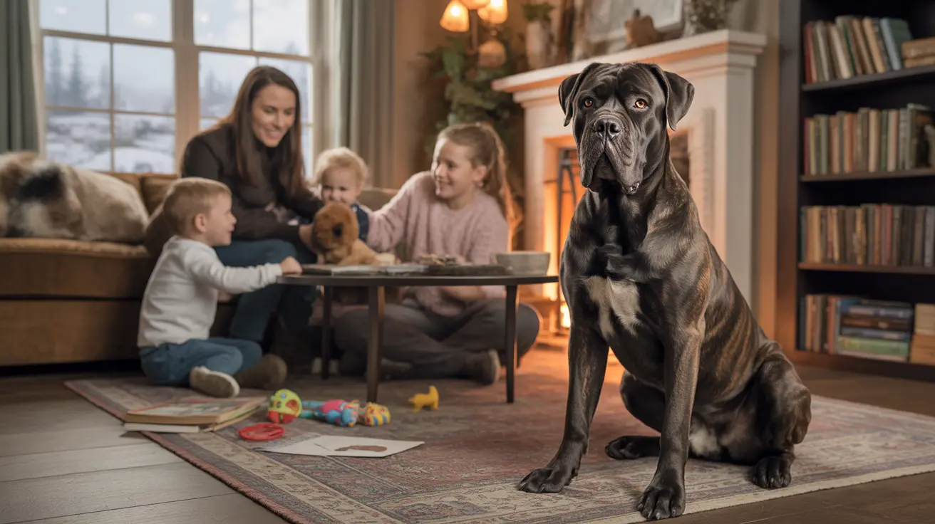 A large black Mastiff sitting alertly in a cozy living room with a family in the background