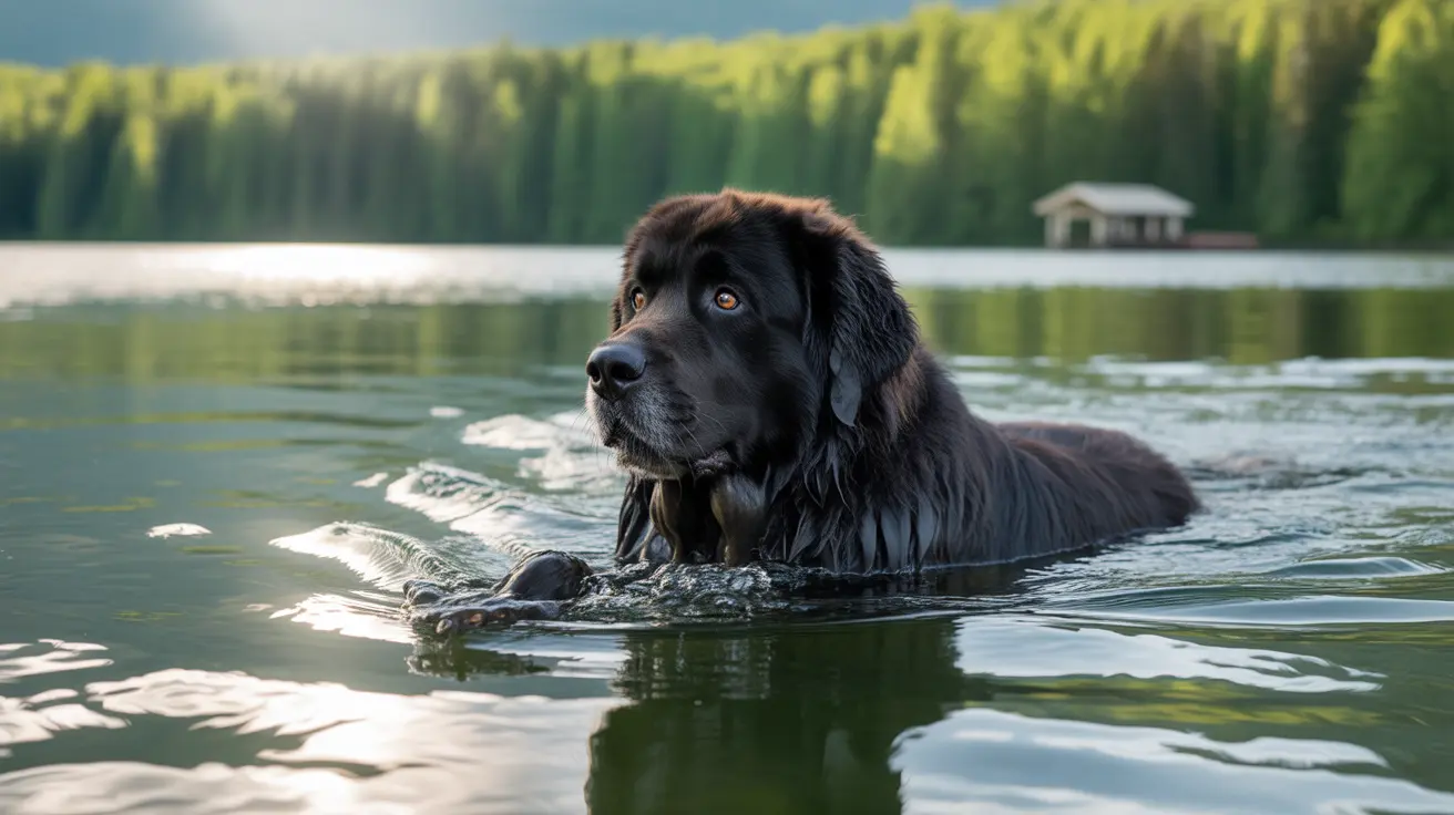 A black Newfoundland dog swimming in a calm lake with a forested background