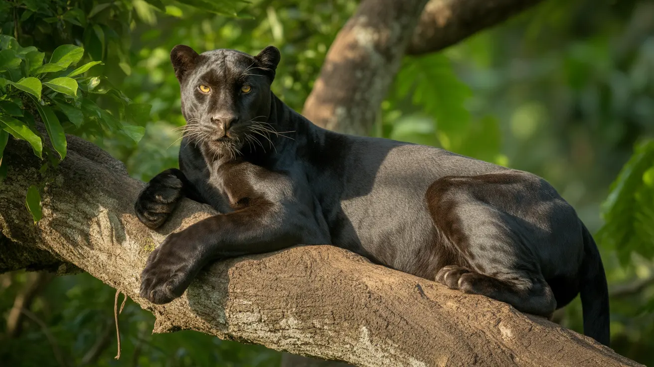 A rare melanistic black panther resting in dense Indian forest