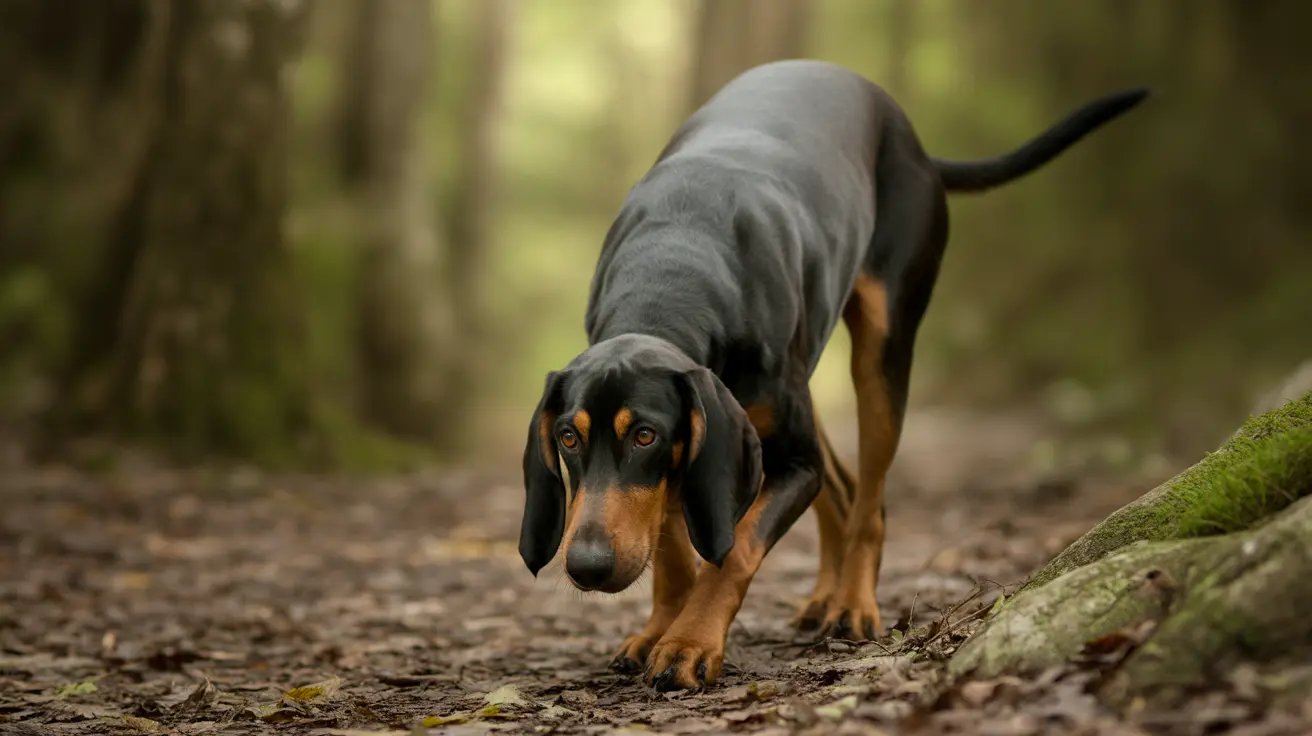 Black and Tan Coonhound carefully tracking a scent in a misty forest setting