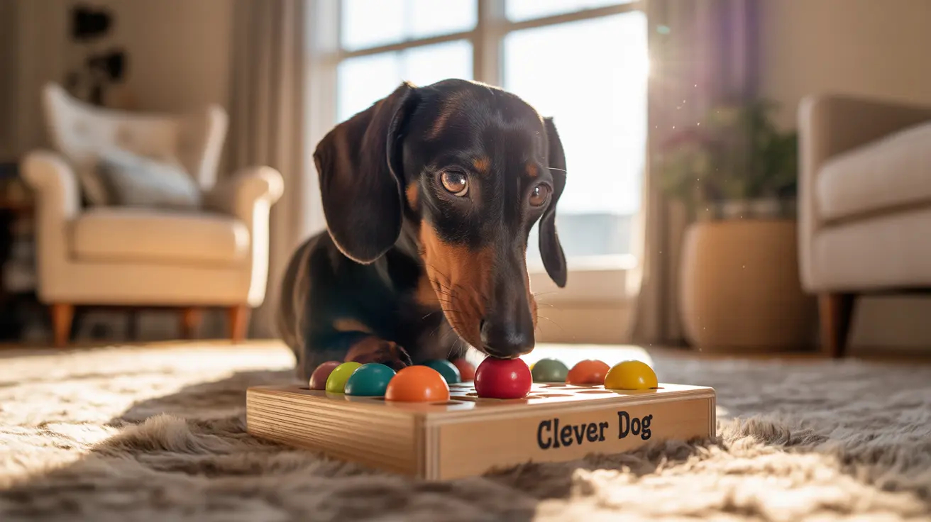 Black and tan Dachshund solving a colorful puzzle game called 'Clever Dog'