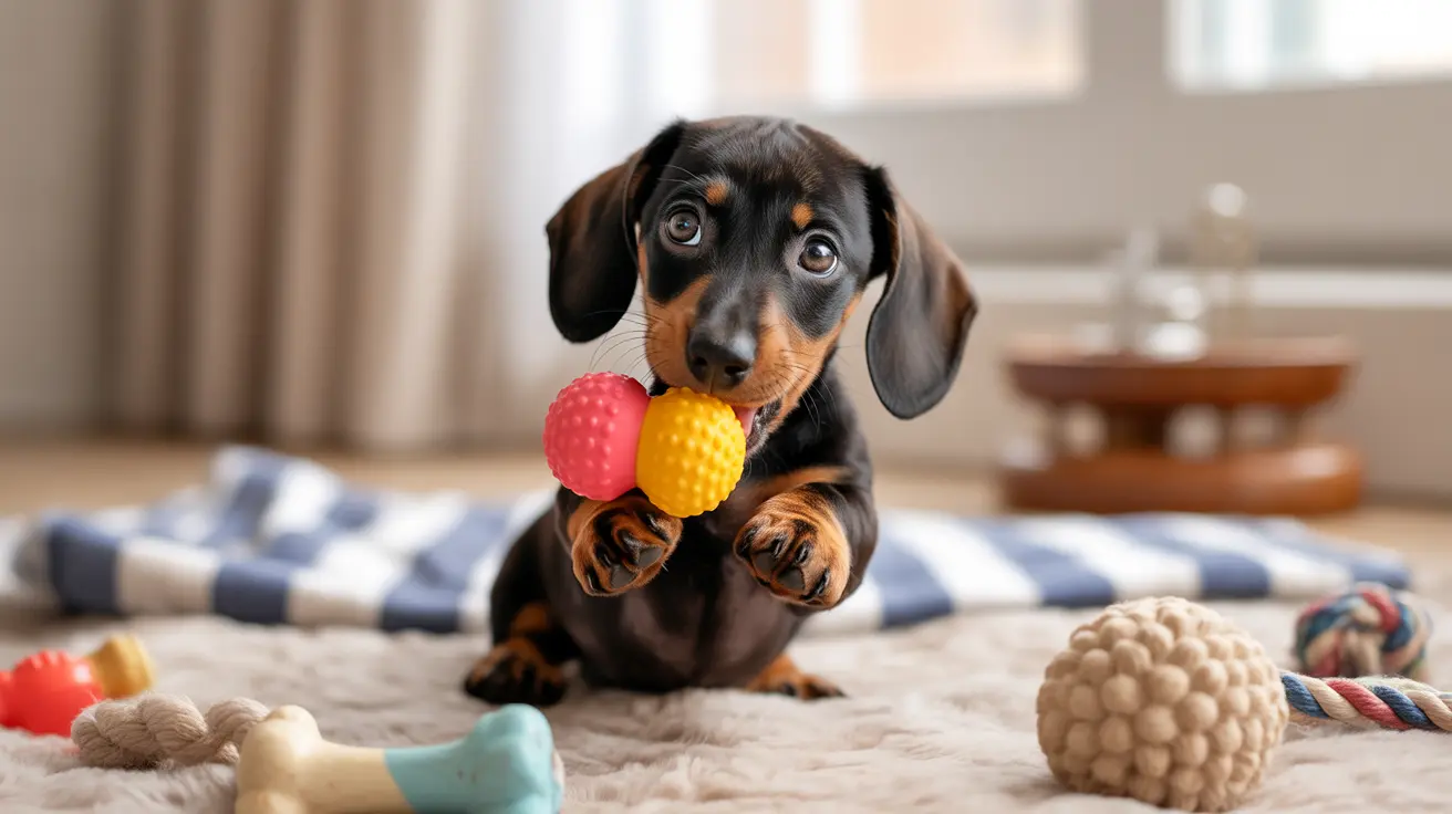 Cute black and tan Dachshund puppy sitting on a striped blanket holding two colorful toy balls in its mouth