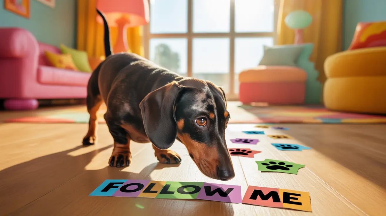 Black and tan Dachshund standing on wooden floor with colorful 'Follow Me' paw print cards