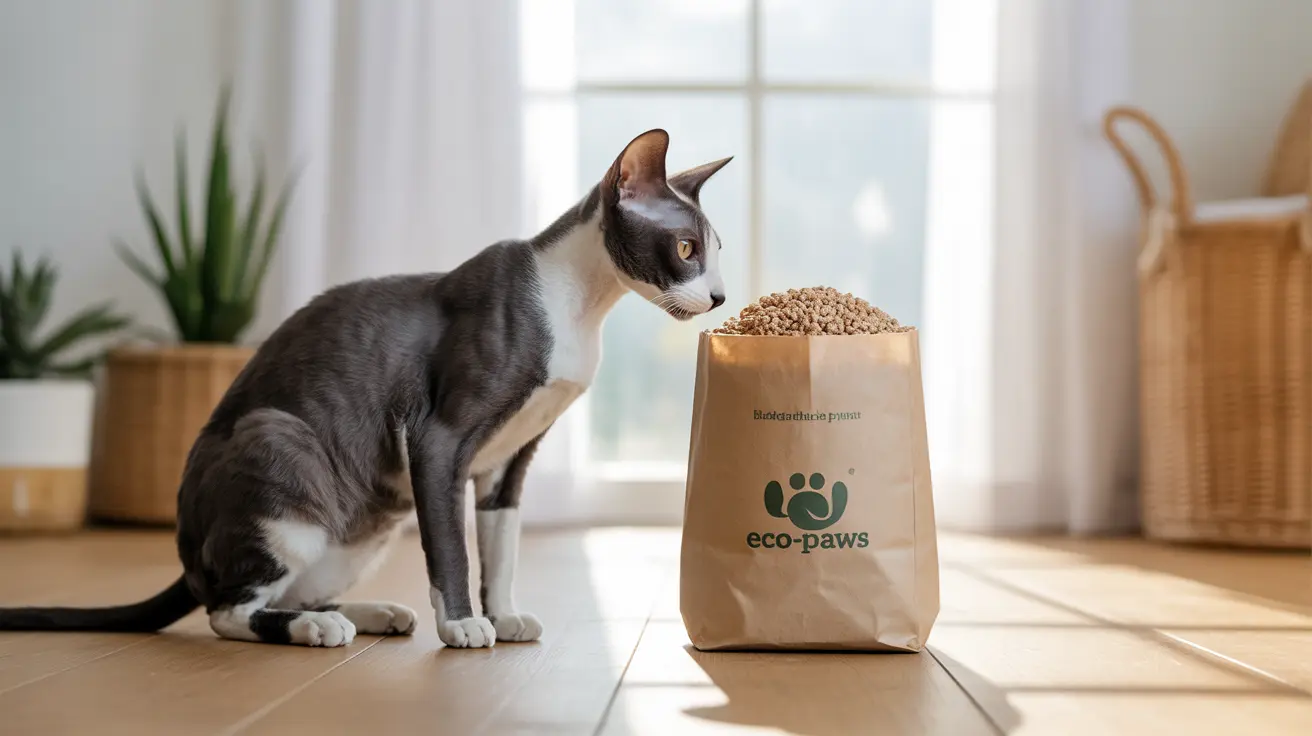 A black and white cat sitting attentively next to an eco-friendly pet food bag