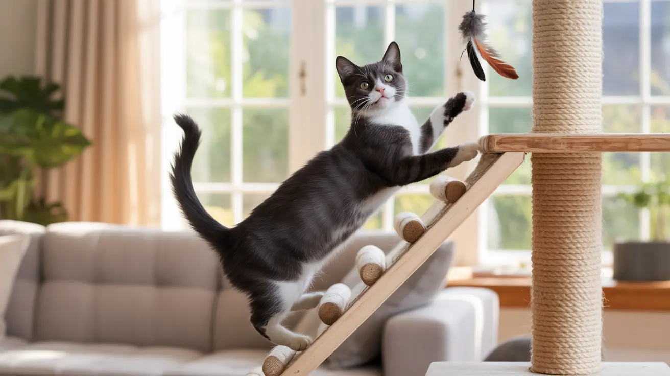 Black and white cat playfully reaching for a feather toy on a cat tree