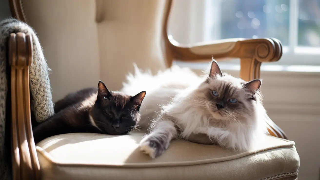 Two cats, one black and one white and fluffy, resting together on a cushioned chair near a window