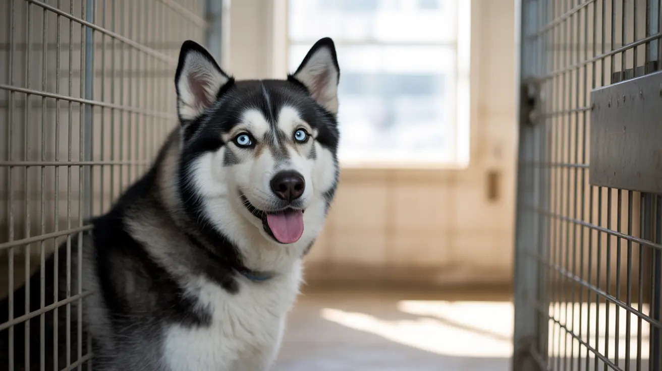 A dog waiting inside an animal shelter kennel in San Diego