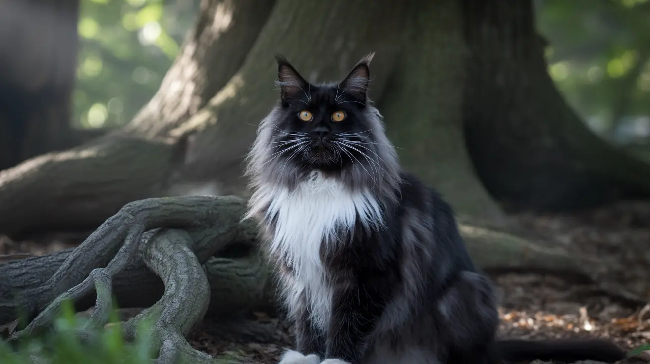 A majestic black and white Maine Coon cat sitting near a tree root in a forest setting