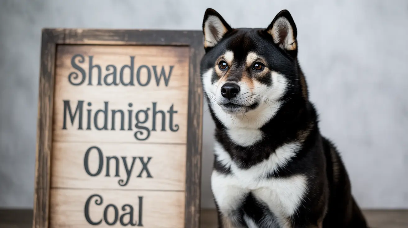 A black and white Shiba Inu sitting next to a wooden sign with the names Shadow, Midnight, Onyx, Coal.