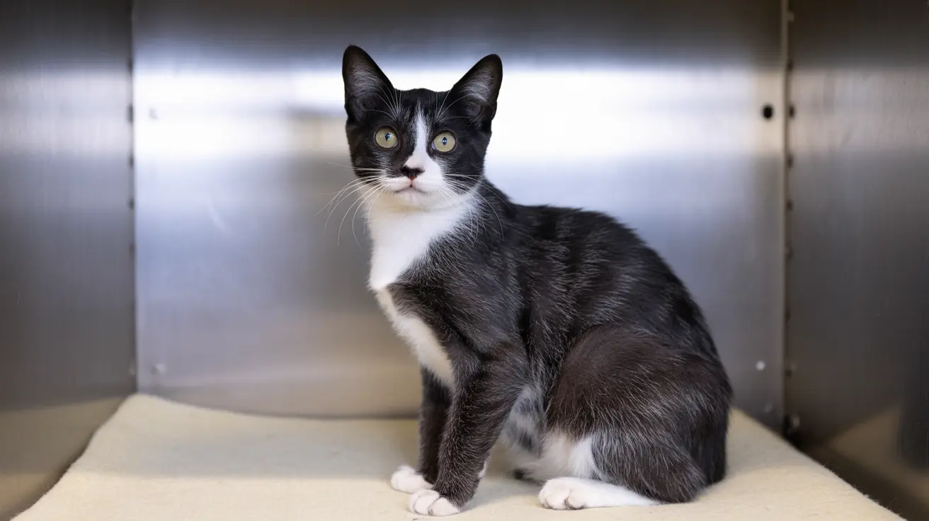 A black and white tuxedo cat named Max at an animal shelter awaiting adoption