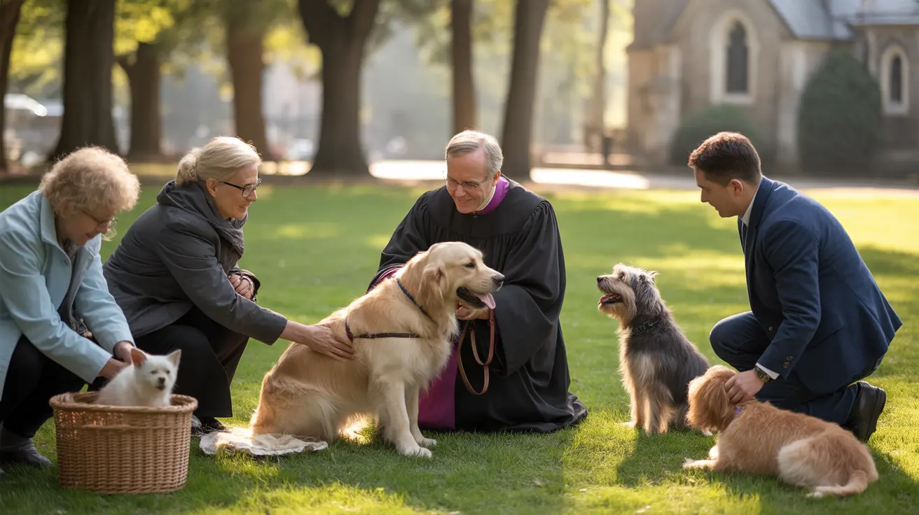 Pets and owners gathered outdoors for the Blessing of the Animals service at an Episcopal church