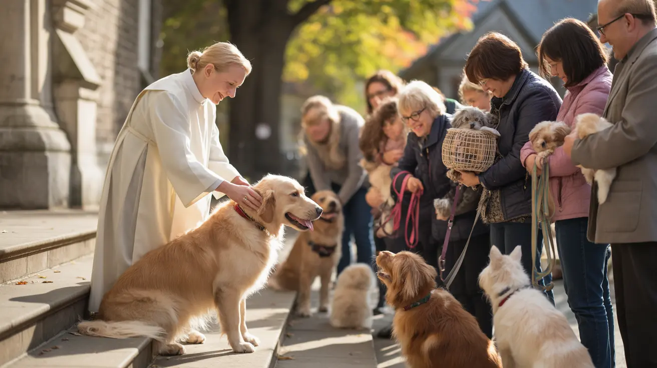 Pets and owners gathered outdoors for the Blessing of the Animals ceremony at the Lutheran Church