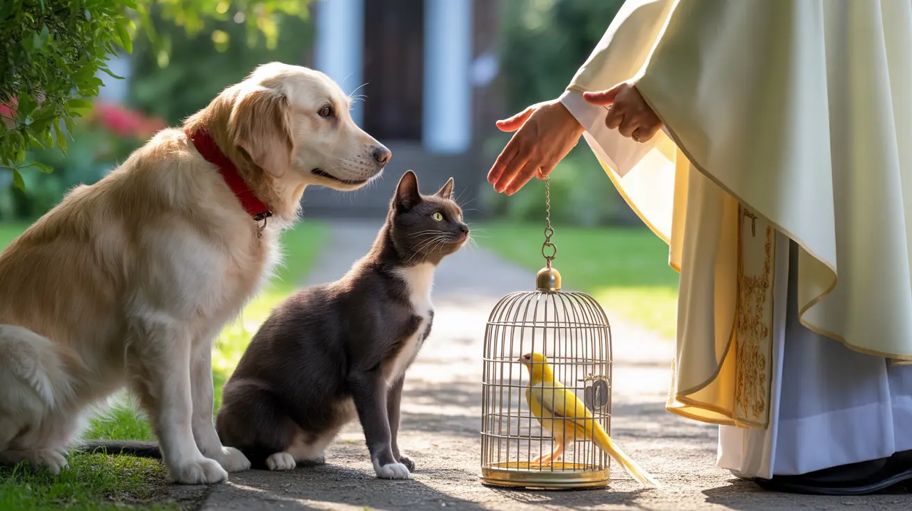 Pets and owners gathered outdoors in Saint Francis Garden during the Blessing of the Animals ceremony