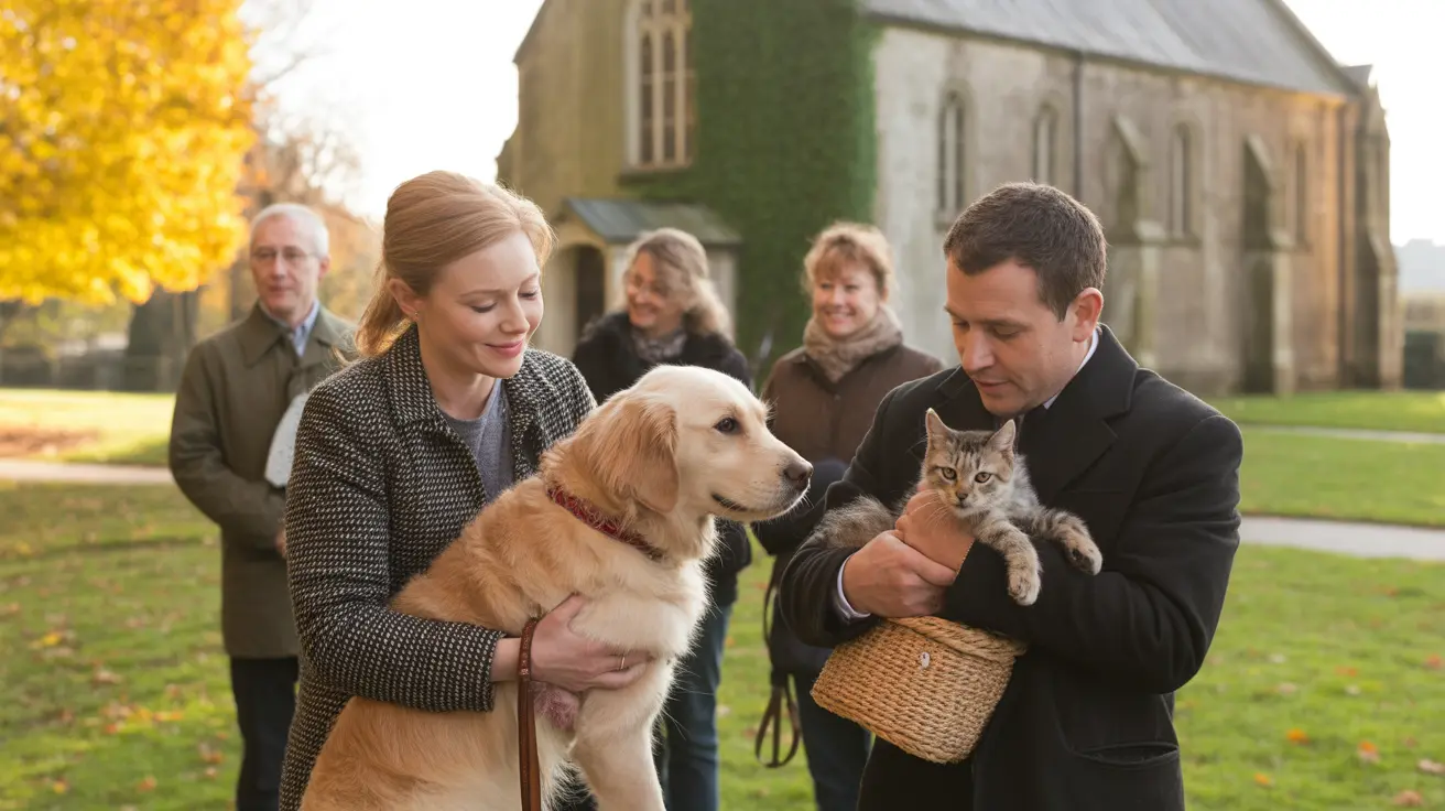 Community gathering on St. John's Church front lawn with pets receiving blessing