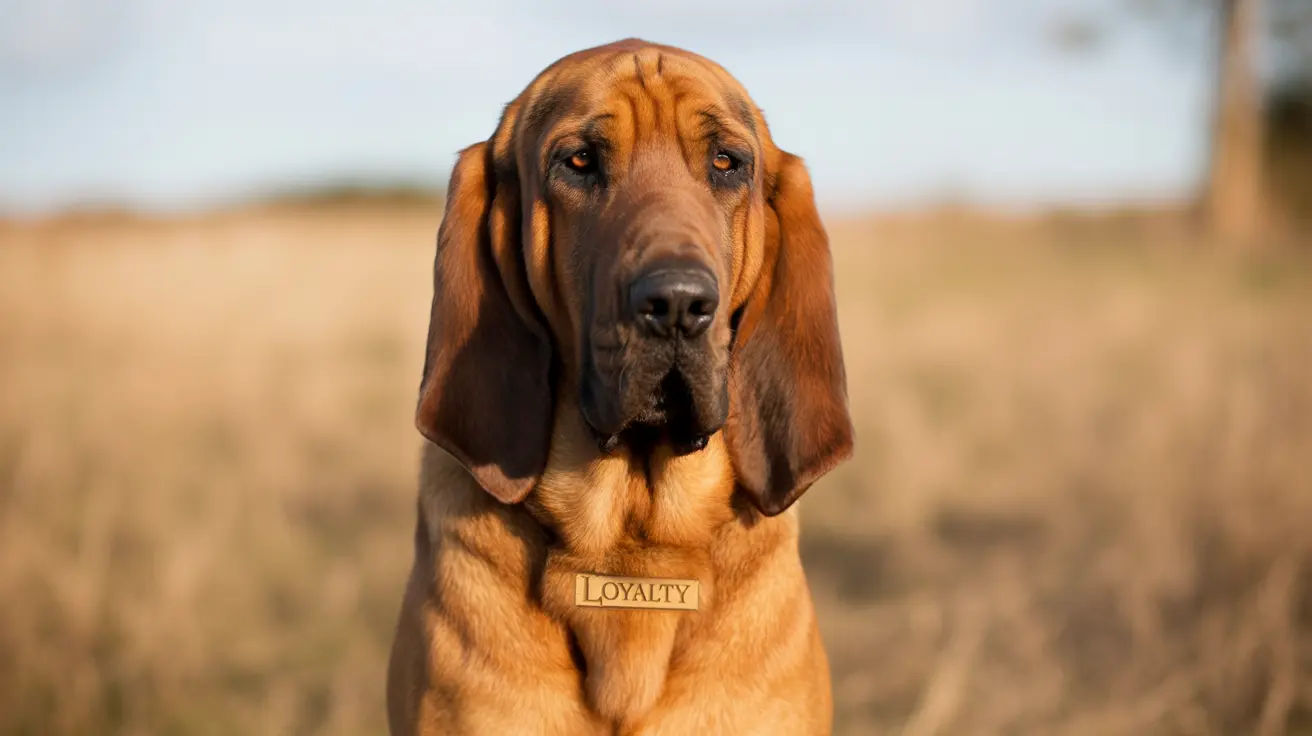 A noble Bloodhound with long droopy ears and a serious expression, wearing a wooden tag that says 'LOYALTY'.