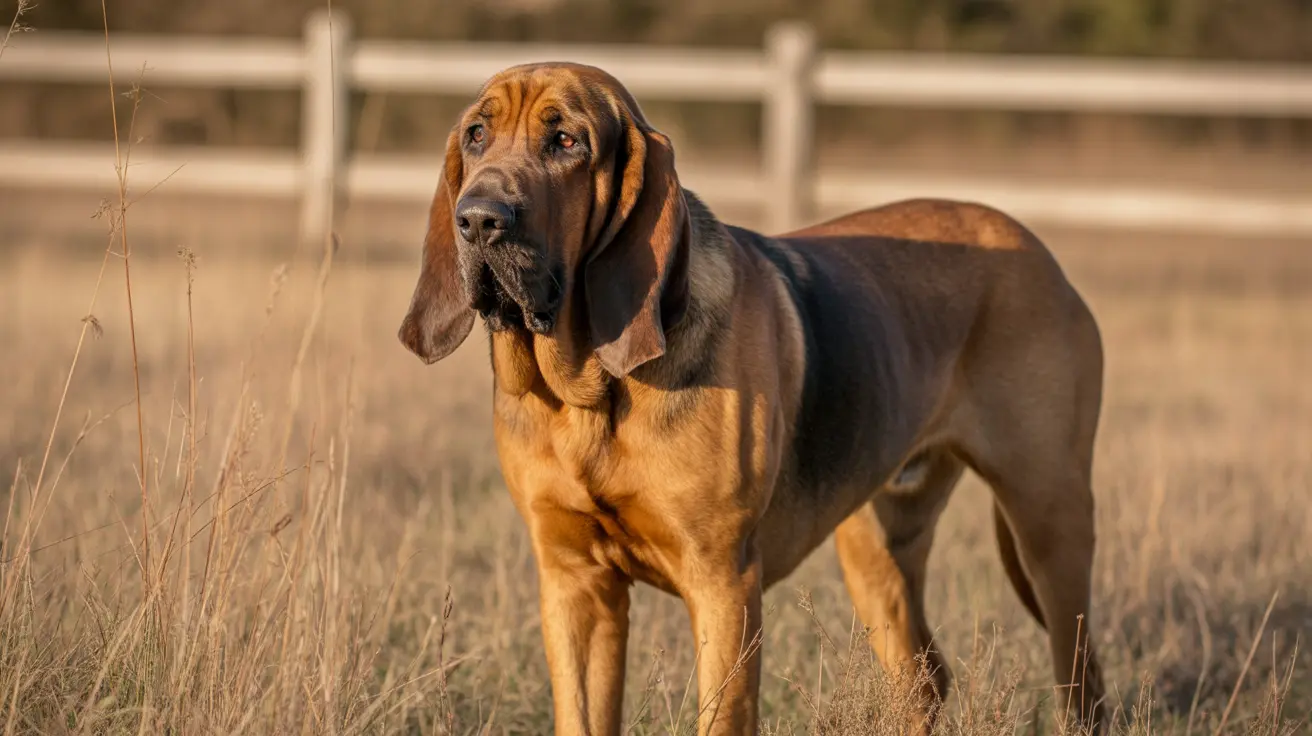 A majestic Bloodhound standing alertly in a dry grassy field with a wooden fence in the background