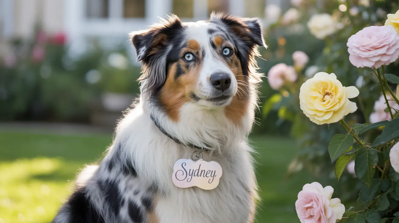 A striking blue-eyed Australian Shepherd sitting in a garden with roses, wearing a name tag that says 'Sydney'.