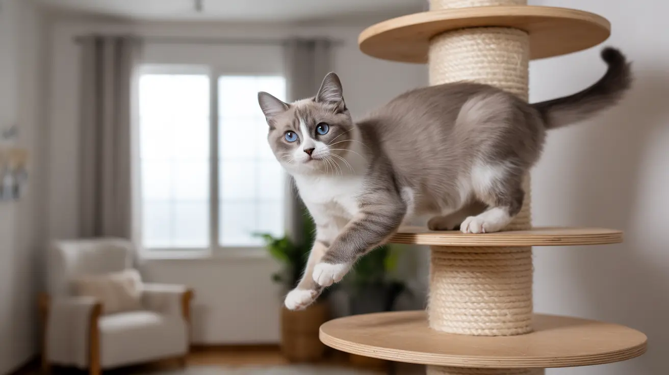 A blue-eyed Ragdoll cat perched on a modern wooden cat tree with rope-wrapped supports in a minimalist living room