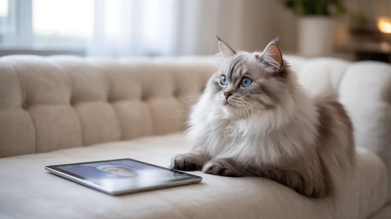 Blue-eyed Ragdoll cat sitting on beige sofa next to tablet in bright living room