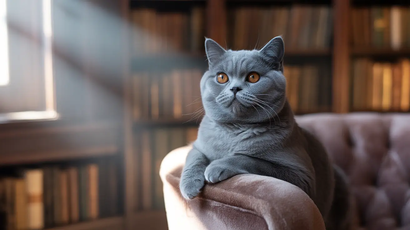 A blue-gray British Shorthair cat sitting on a plush armchair with bookshelves in the background
