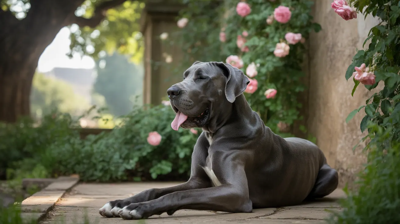 A blue-gray Great Dane relaxing on a stone pathway in a lush garden with pink roses in the background.