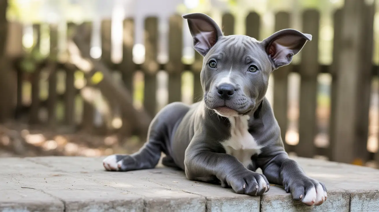Young blue-gray Pit Bull puppy sitting attentively on stone surface with wooden fence background