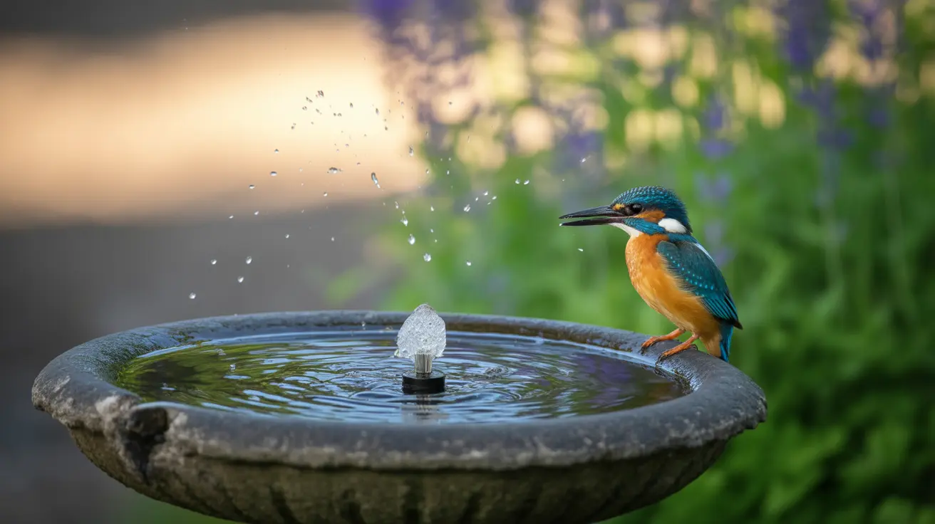 Solar-powered pet fountain in a garden surrounded by plants and wildlife