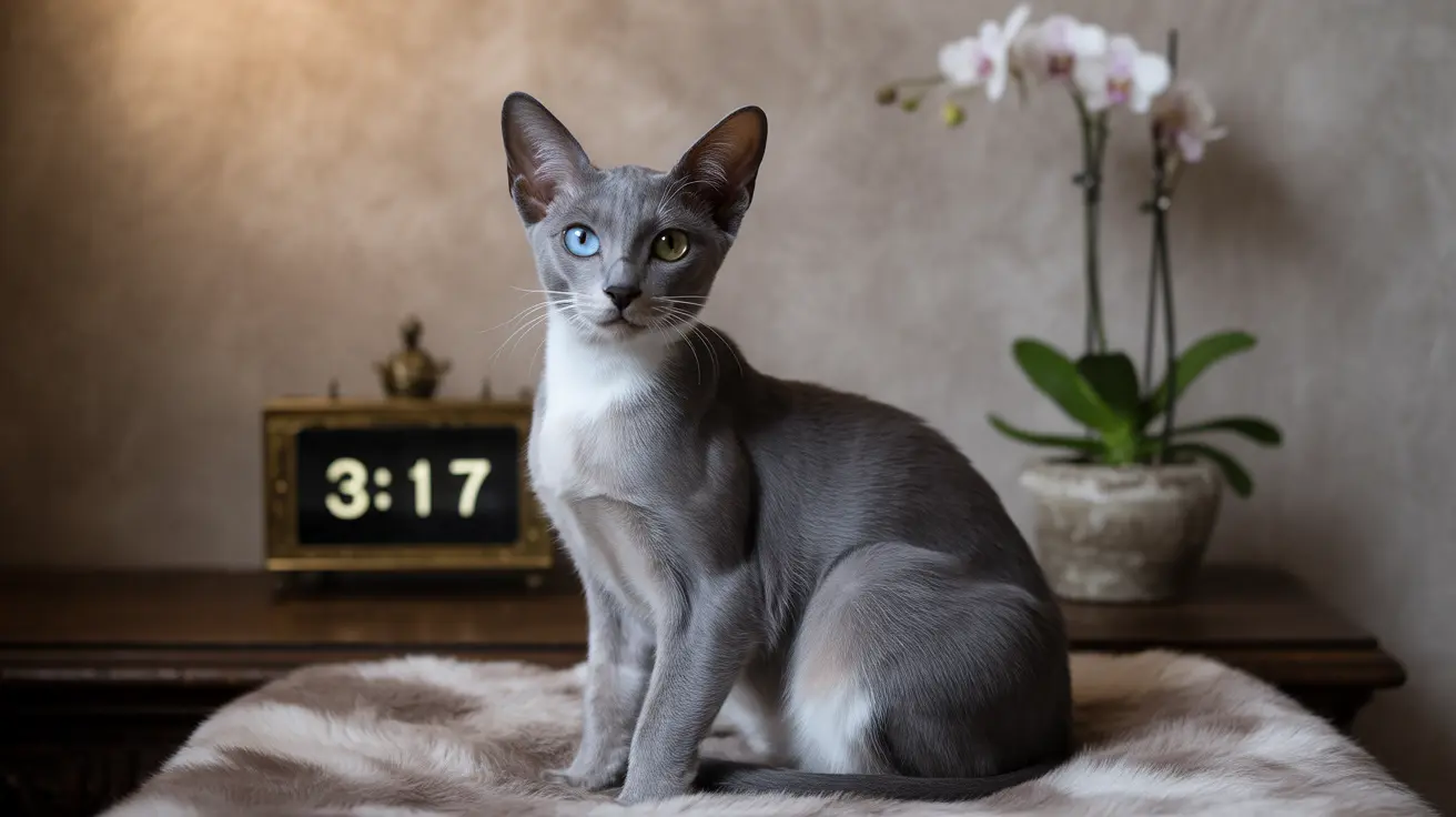 Blue-point Oriental Shorthair cat with heterochromatic eyes sitting on a soft fur blanket