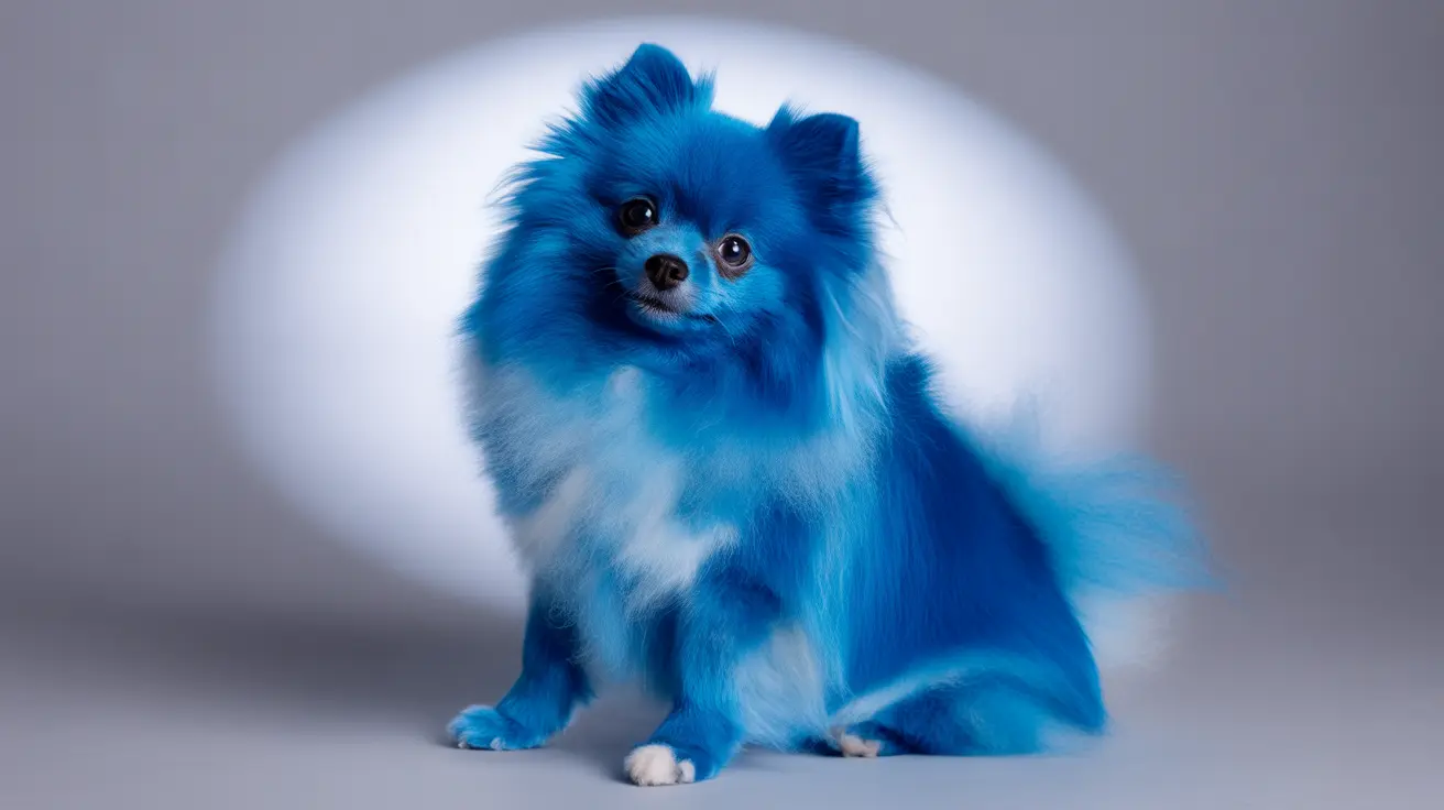 A fluffy blue-dyed Pomeranian dog sitting elegantly in a professional photo studio setting.