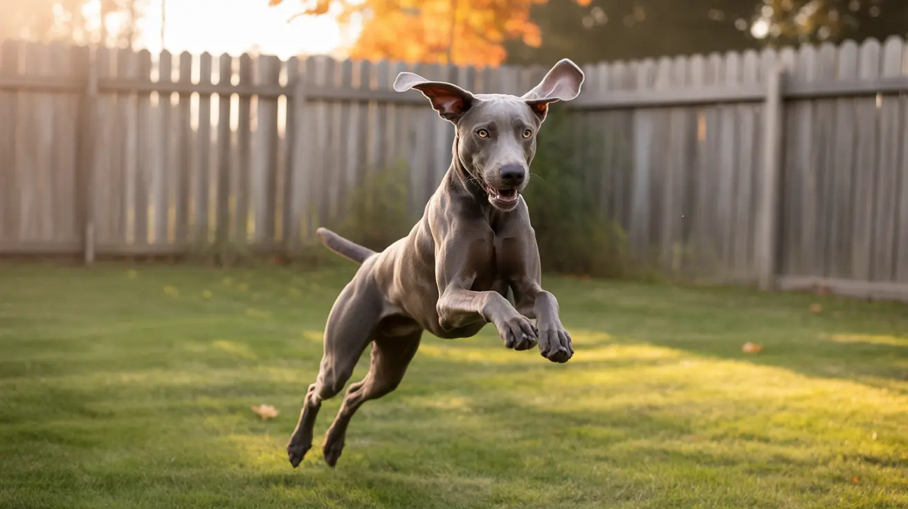 Um Weimaraner Azul pulando no ar com orelhas e cauda voando em um quintal durante a hora dourada