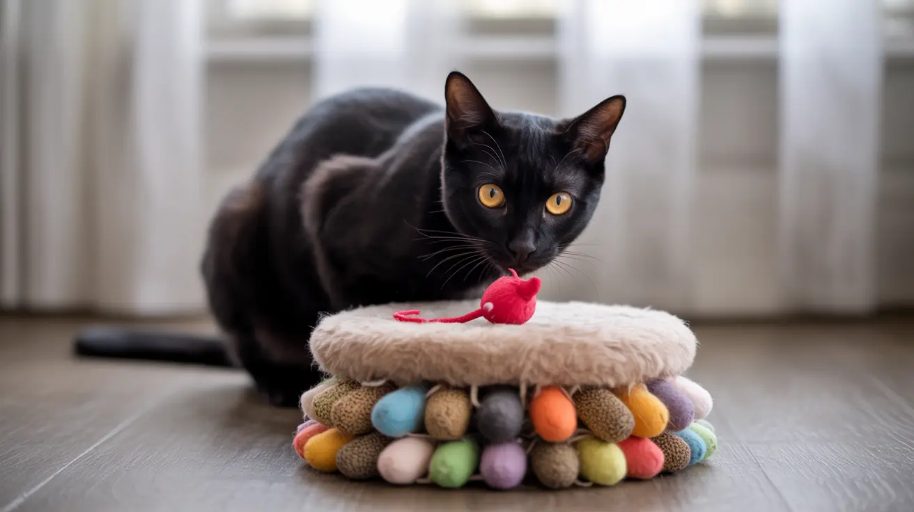 Un elegante gato negro sentado cerca de un colorido juguete para gatos con un ratón rojo
