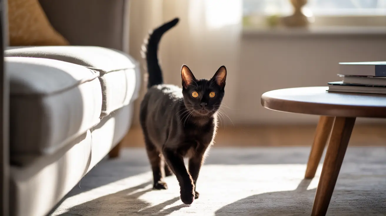 明るい黄色の目を持つ艶やかな黒猫が、日差しの差し込むリビングの床を歩いている様子