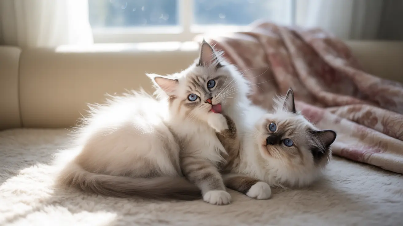 Dos gatos Ragdoll blancos y crema acurrucados juntos cerca de una ventana