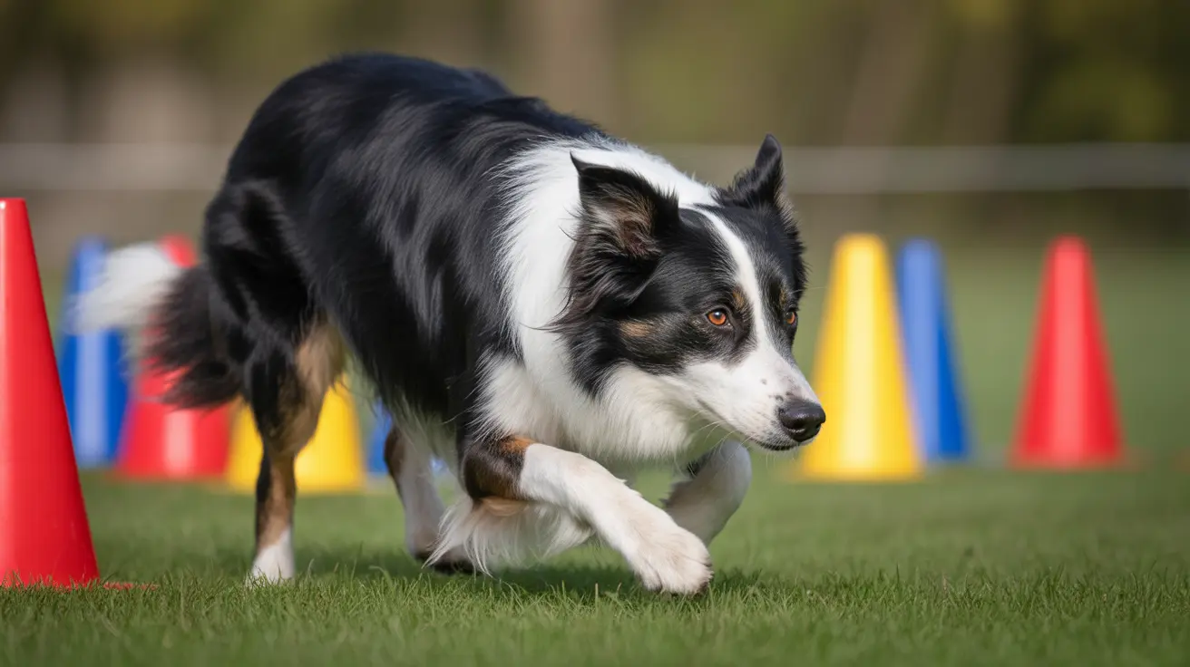 Border Collie running through agility course with colorful cones on grassy field