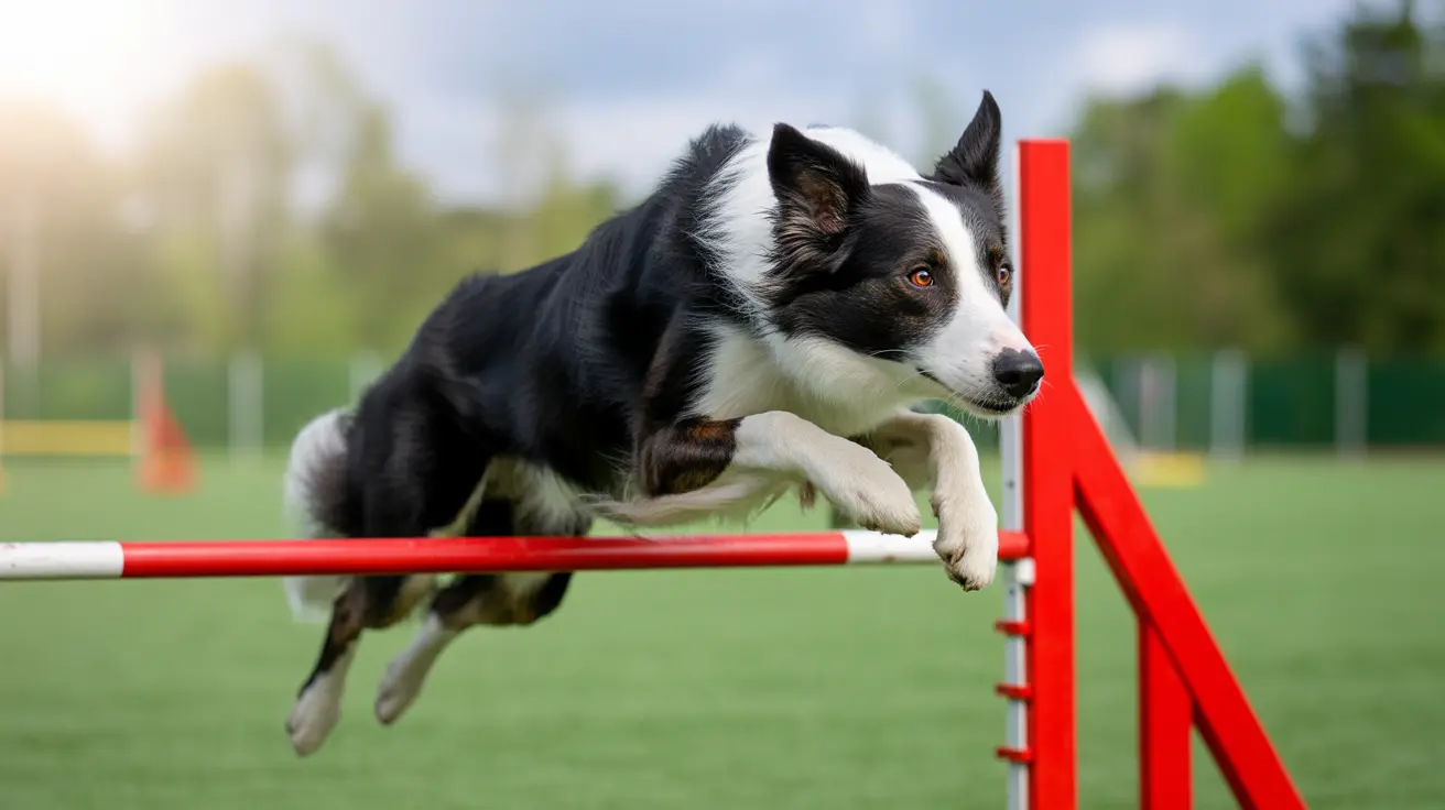 Border Collie jumping over a red and white hurdle during agility training