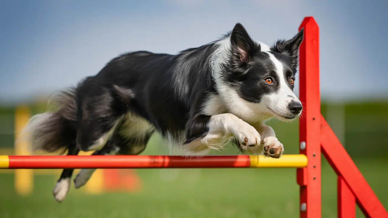 Border Collie jumping over a red agility hurdle on grass during training