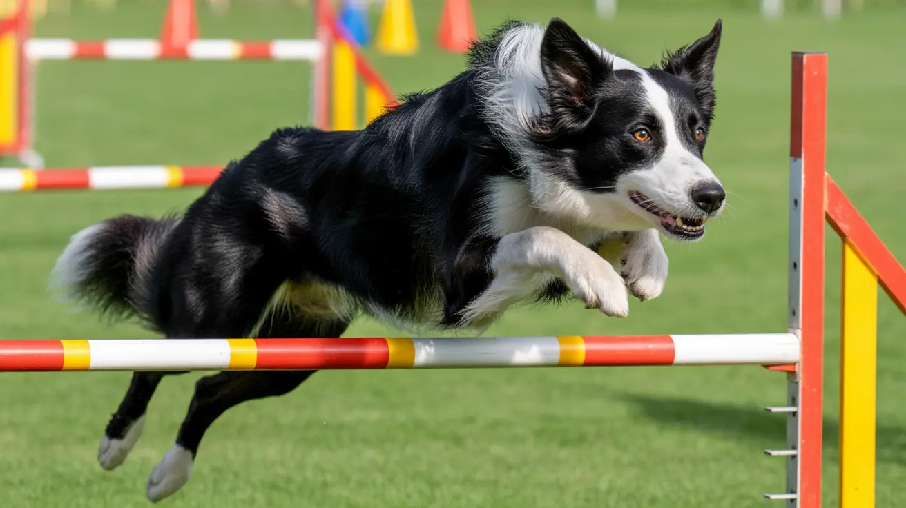 ボーダーコリーが犬の競技会でカラフルなアジリティ障害物を跳び越えている瞬間