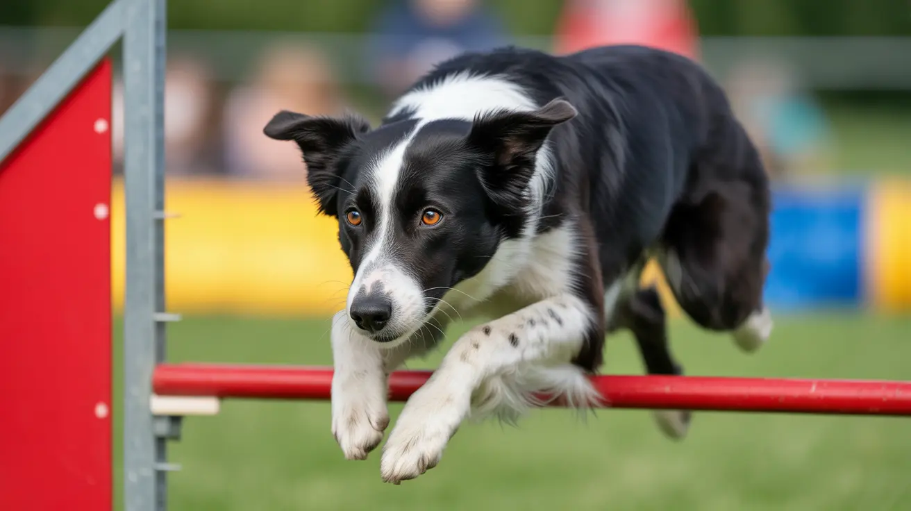 Border Collie jumping over a red agility bar during a dog agility competition