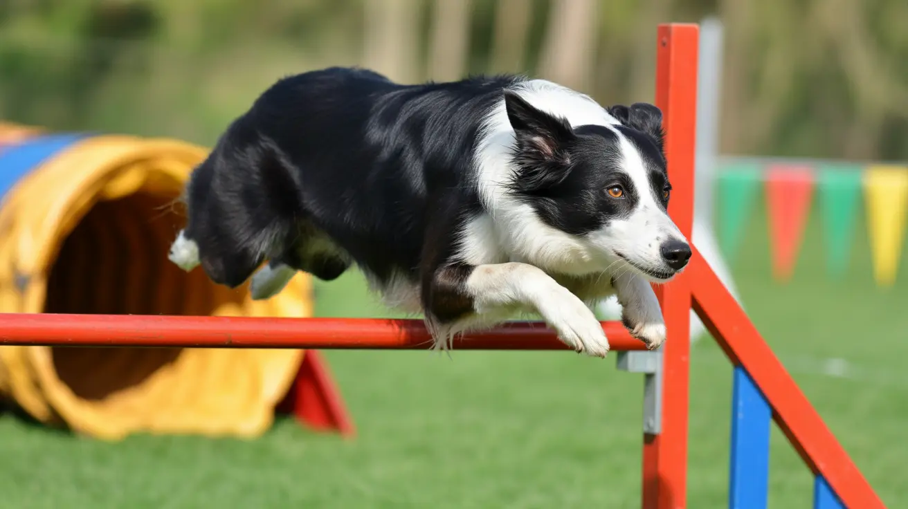 Border Collie jumping over a red hurdle on grassy field during agility training