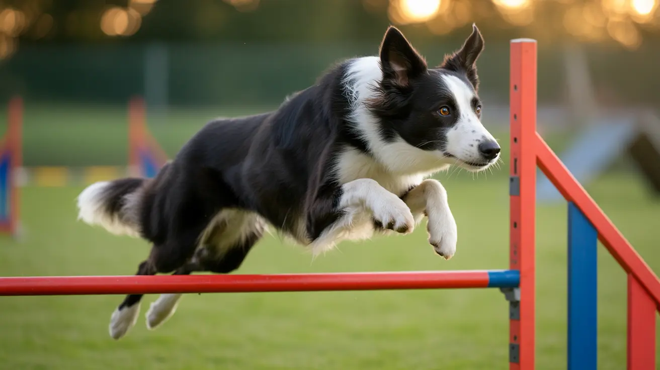Border Collie jumping over red and blue agility hurdle during training