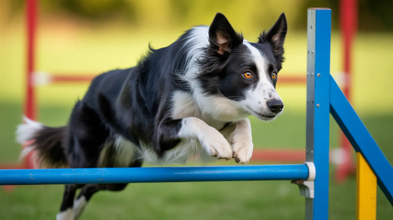 Black and white Border Collie jumping over blue agility bar during training