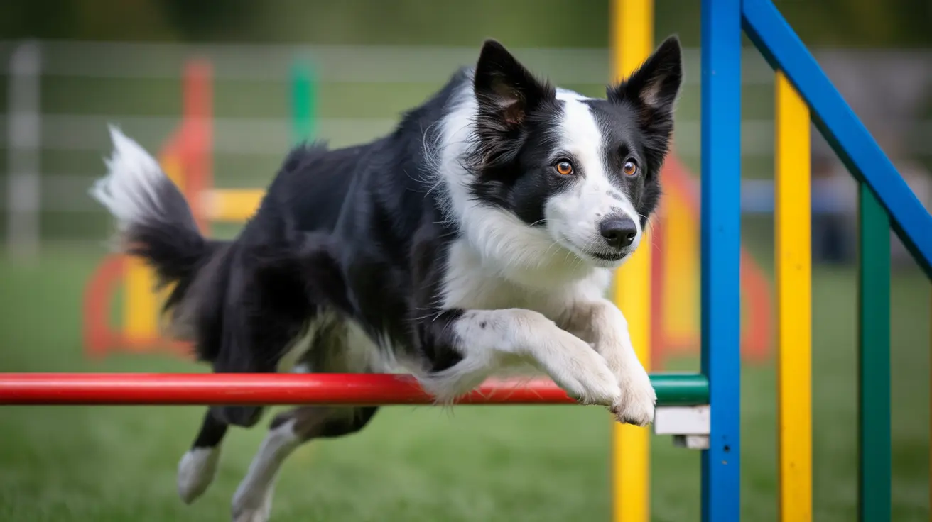Border Collie jumping over a red obstacle bar during agility training at a dog park