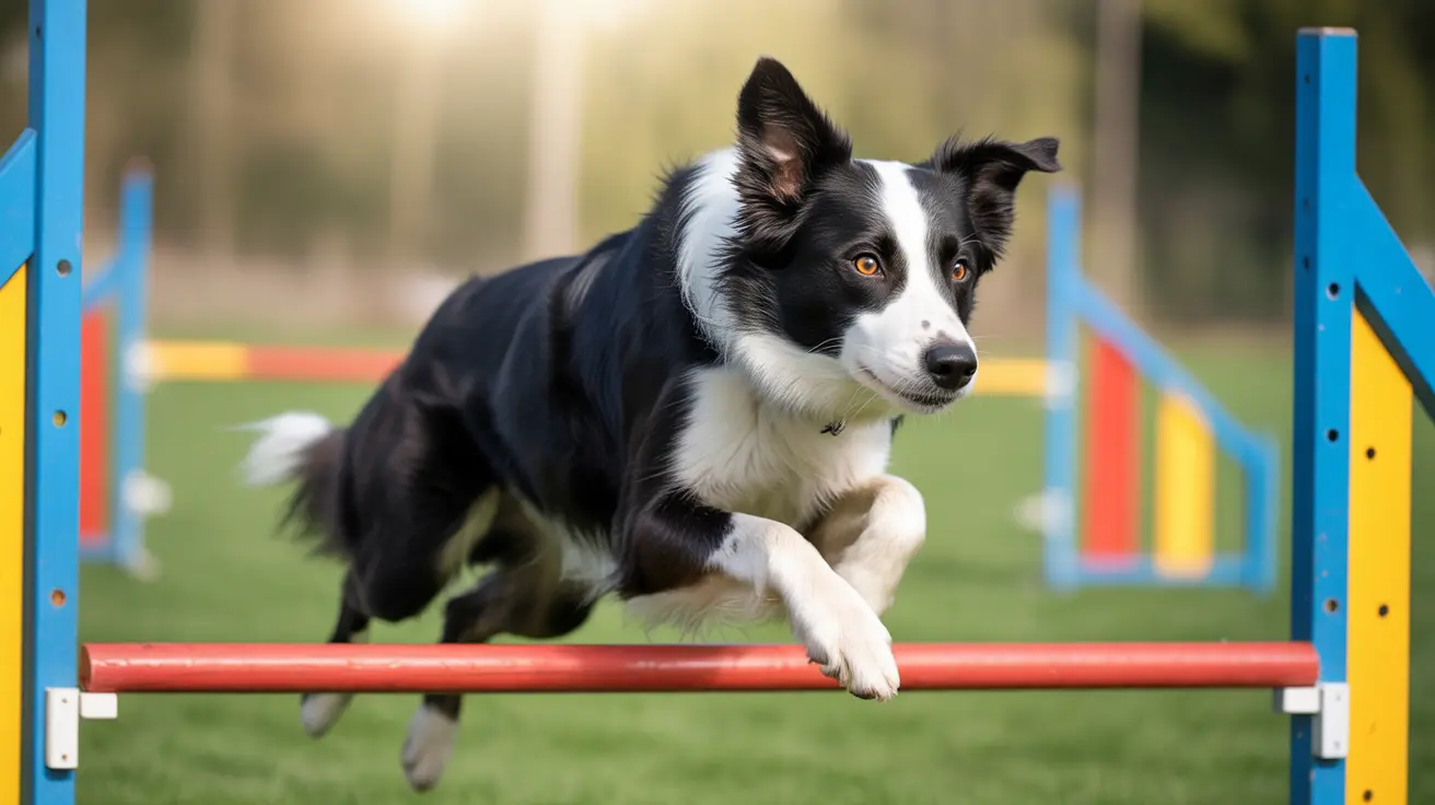 Border Collie jumping over red agility bar on grassy field during training