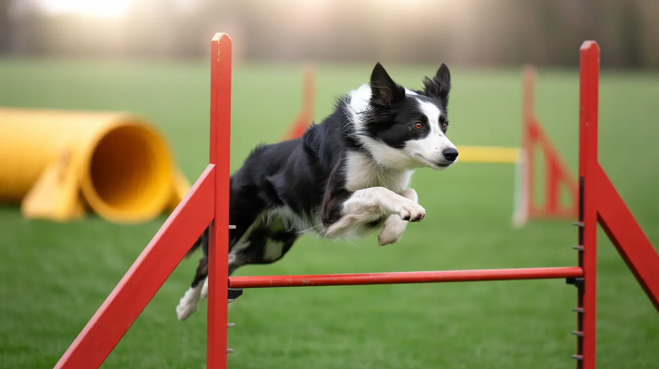 Border Collie jumping over a red agility hurdle on grass during dog training