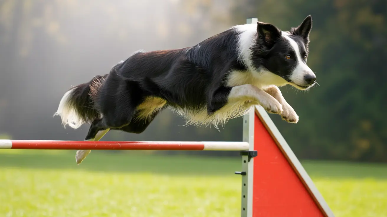 Border Collie jumping over a red and white agility jump bar during training