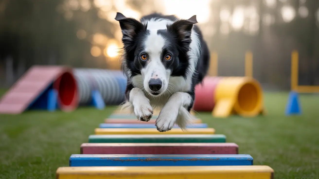 A Border Collie mid-jump over colorful agility course platforms during training