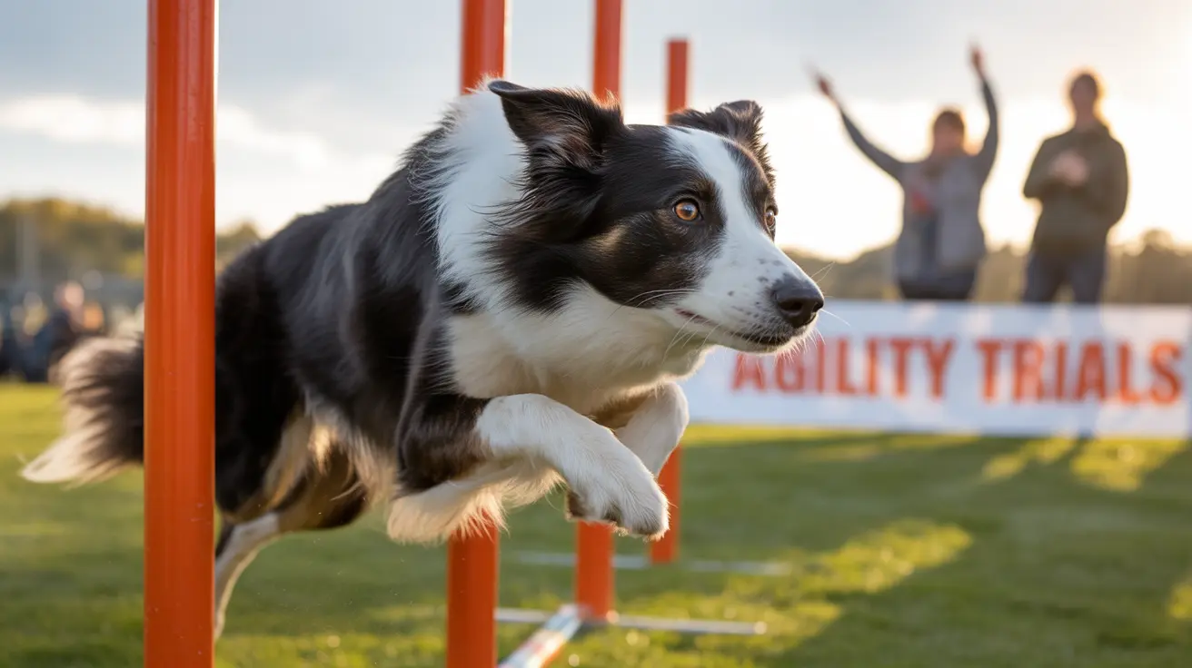 A Border Collie mid-jump during an agility competition, navigating through orange vertical poles